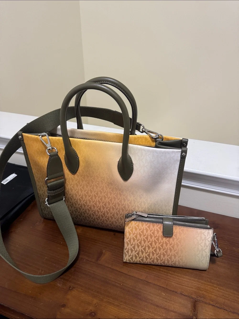 Michael Kors Gradient Olive and Gold Signature Tote with Matching Wristlet